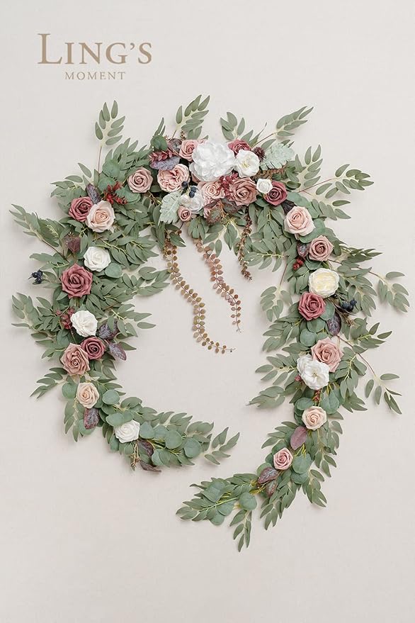 Ling's Moment 9FT Eucalyptus and Willow Leaf Garland with White Flower, Handcrafted Wedding Sweetheart Table Centerpieces Head Table Decor Arch Backdrop Decorations for Wedding | Dusty Rose & Mauve