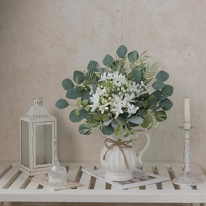 FOTEEWL 75 Pcs Artificial Greenery Stems Box Set,with 8 Kinds of Faux Plants and Fake Flowers for DIY Bridal Bouquets Wedding Floral Arrangement Table Centerpieces Decoration (Sage Green)
