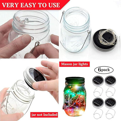 VOOKRY 6 Pack Solar Mason Jar Lights, 30 LED Mason Jar Lids Waterproof Firefly Fairy String Lights with 6 Hangers(No Jars), for Outdoor Patio Garden Yard Lawn Party Wedding Decoration - Multicolor