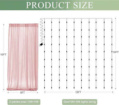 Tulle Backdrop Curtain with Lights String 10FT X 10FT Dusty Rose Sheer Tulle Backdrop Curtains for Wedding Birthday Party Reception Photo Booth Background Decorations (2 Panels 5x10FT)