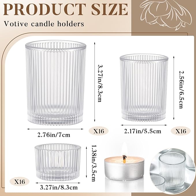 Mumufy 48 Pcs Assorted Votive Candle Holders Ribbed Glass Tealight Candle Holder Bulk for Table Centerpiece, Baby Shower, Home and Wedding Party Decoration (Clear)