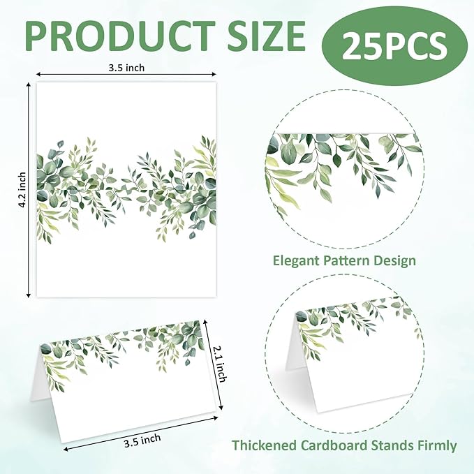 25 Pcs Greenery Place Cards, Watercolor Blank Tent Name Cards for Food Buffet, Dinner Party, Wedding Reception, Bridal Shower Table Setting -07