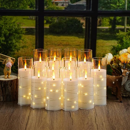 Flameless Candles with Embedded Star String - Battery Operated LED Candles, with Remote,12 White Flickering Candles for Christmas, Weddings, Home Decor & Party,(D 2.3"×H 5" 6" 7")