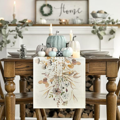 Artoid Mode Wildflower Leaves Floral Fall Table Runner, Autumn Thanksgiving Kitchen Dining Table Decoration for Indoor Outdoor Home Party 13x90 Inch