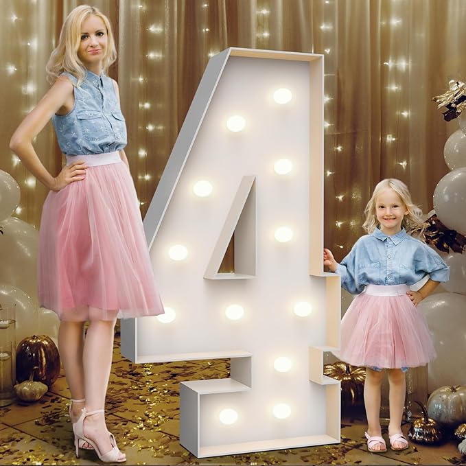 4FT Marquee Light Up Numbers 4,Party Decoration Large Marquee Light Up Letters with Weighted Water Bag,Pre-cut Foam Board Set Can Be Used for Birthdays,Weddings,Baby Anniversaries