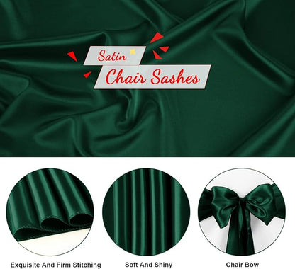 10 PCS Forest Green Satin Chair Sashes Bows Universal Chair Ribbon Ties Back Sash for Wedding Party Reception Events Banquets Hotel Event Chair Cover Decoration (7x108 inch)