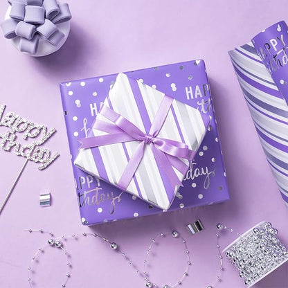 LeZakaa Purple Birthday Wrapping Paper Roll for Girls Women, Happy Birthday Lettering & Stripe Reversible, Metallic Foil, Large Roll, 30 inches x 32.8 Feet (92.9 sq.ft.)
