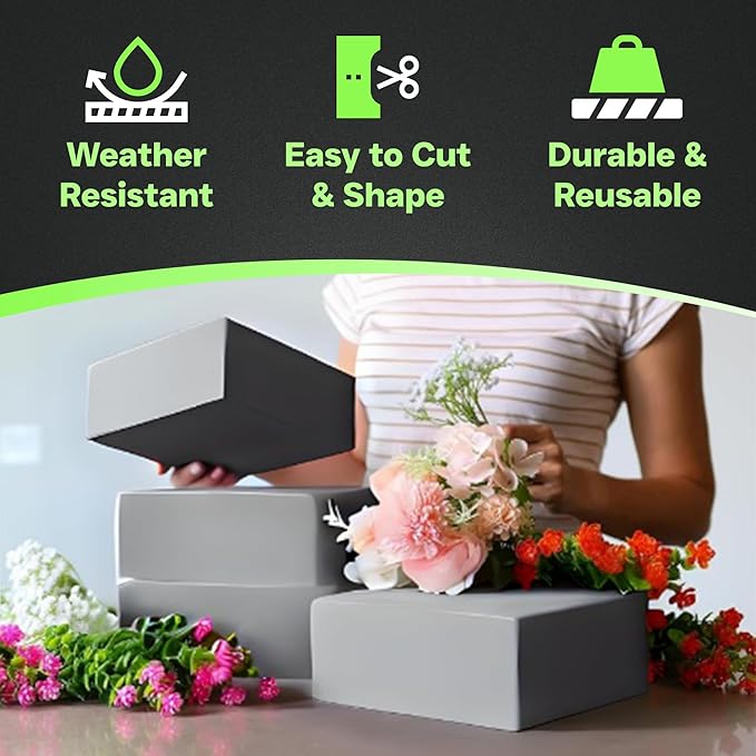 XCEL Floral Foam Blocks - Reusable, Weather Resistant Foam - Perfect for Fresh & Artificial Flower Arrangements, Crafts, Planter Boxes, Home Decor & More - 4-Pk, Gray (7” x 7” x 3”)