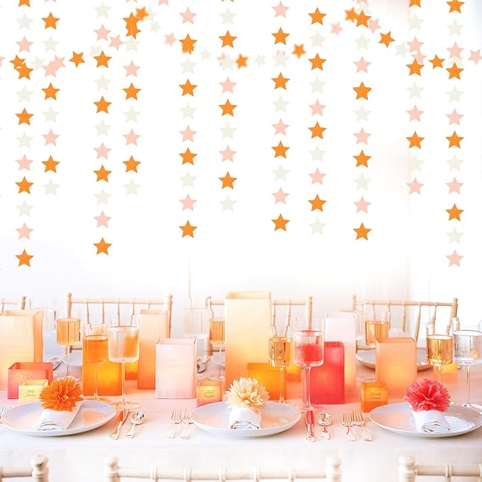 Orange-Beige Peach Party-Decorations Star Garland - 62ft Boho Fall Autumn Streamers Hanging Banner,Thanksgiving Harvest Twinkle Twinkle Little Star Baby Bridal Shower Wedding Engagement Decor Hugtmr