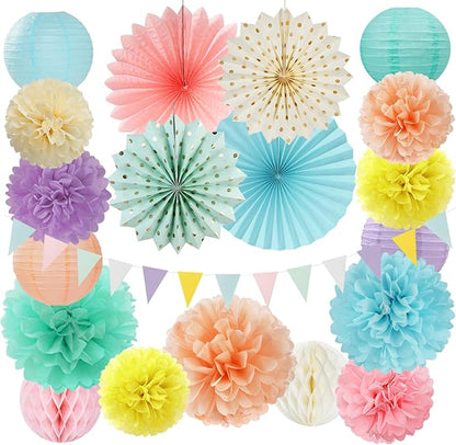 Pastel Rainbow Party-Decorations - 20pcs Pink Yellow Blue Classroom Ceiling Paper Lanterns Fans ,Girl Birthday Tissue Pom Poms,Honeycomb Balls,Bunting,Baby Shower Bridal Wedding Decor Burgleda