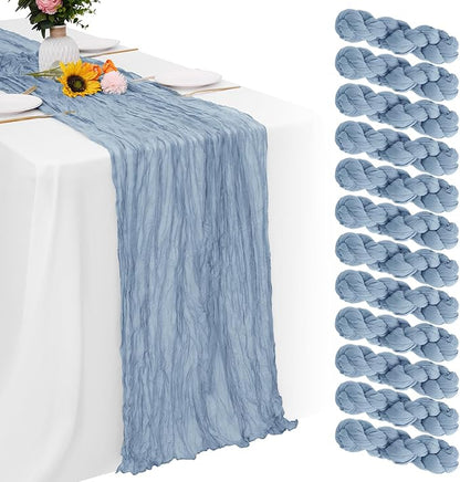 Aktor 12 Pack Dusty Blue Table Runner Boho Cheesecloth Table Runner Semi Sheer Gauze Fabric Runners for Wedding Birthday Baby Shower Party Boho Table Decoration（Dusty Blue）