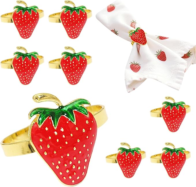 Gold Strawberry Napkin Rings Set of 8 Fall Fruit Napkin Ring Holders for Garden Weddding,Rustic Farmhouse Napkin Rings for Christmas Thanksgiving Day Family Gathering Dinner Table Decor
