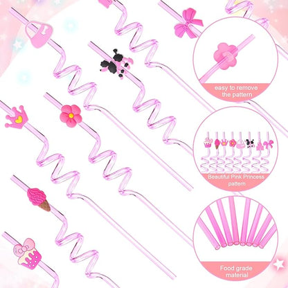 Yungyan 24 Sets Hot Pink Girl Party Favors Goodie Cups with Lids and Straws for Birthday Decorations Reusable 16oz Plastic Candy Cups Plastic Straws for Birthday Party (Pink Princess)