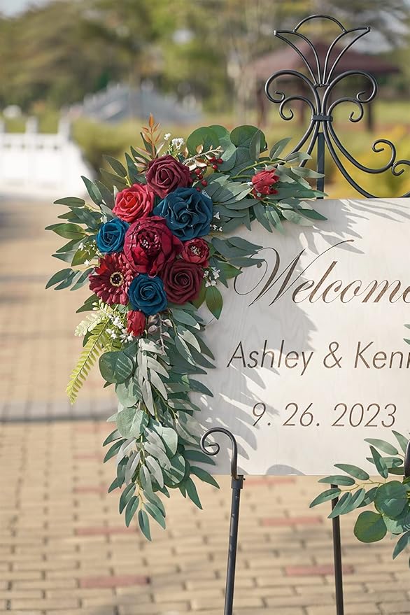 ponatia Wedding Arch Flowers (Pack of 2), Burgundy and Navy Flowers Wedding Decorations for Wedding Welcome Signs, Wedding Arches for Ceremony Reception