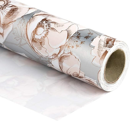 WRAPAHOLIC 30 Inch Jumbo Reversible Floral Wrapping Paper - 30 Inch X 33 Feet - Siver Floral Design for Wedding, Birthday, Mothers Day, Baby Shower, Anniversary, Bridal Shower