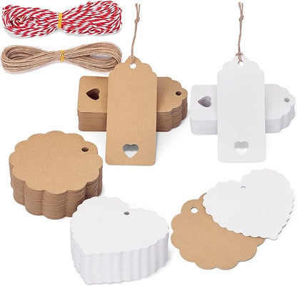 SallyFashion 200Pack Gift Tags with String Attached, 3 Different Designs White and Brown Blank Labels Gift Tags with Strings Hanging for Wedding Party Favor