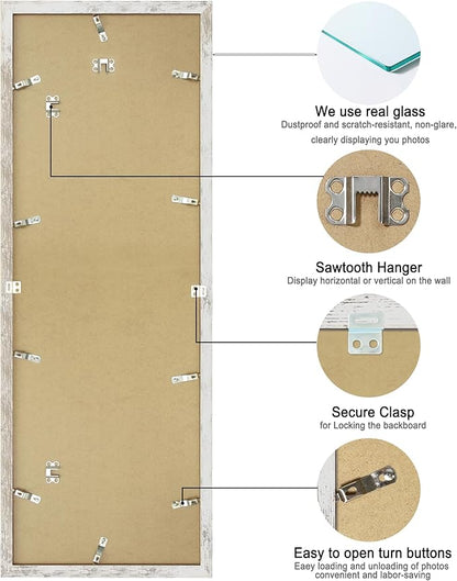 12x36 Picture Frame 2 Packs, Real Glass and Distressed White Wood Frame, Display Collage Pictures Twelve 4x6 With Mat or Pennant 12 x 36 Without Mat - Horizontal or Vertical Wall Mounting