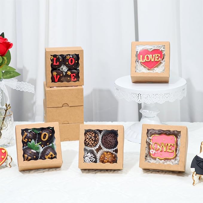 100-Pack 4x4x2 InchesBrown Bakery Boxes - Treat/Cookie/Truffle Boxes for Mini Cakes, Pies & Cinnamon Rolls - Wedding Party Favor Packaging