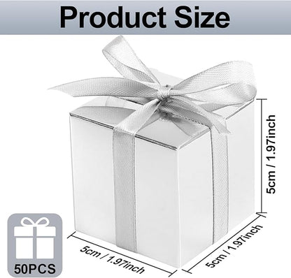 COCPOK 50 Pack Silver Gift Boxes, 2x2x2 inch Gift Box, Small Candy Boxes with Lids and Ribbons, Paper Favor Box for Wedding Bridal Shower Baby Shower Birthday Party