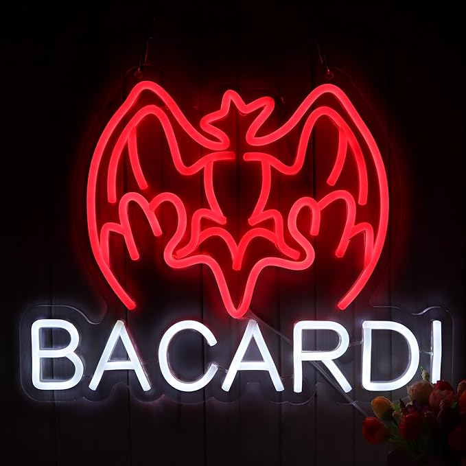 Bacardi Rum neon commercial sign for bar wall decor，USB Powered Decorative Bar Open Sign for Home Bar Store Party Decor，Neon Lights for Man Cave