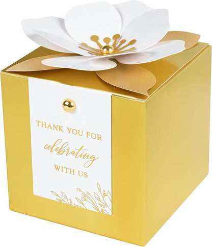 FEIYI 20 PCS Gold Gift Boxes, 3 In 1 Favor Boxes with Floral Decor, White Thank You Tags Cupcake Containers Gift wrapping for Wedding, Baby Shower, Birthday, Decorations Party - 3.55x3.55x3.55