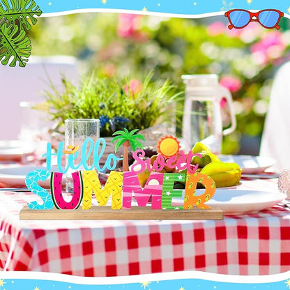 Hello Sweet Summer Metal Sign Rustic Table Decor Holiday Tiered Tray Decor with Wooden Base Freestanding Metal Word Sign for Home Tabletop Centerpiece Mantel Shelf Fireplace