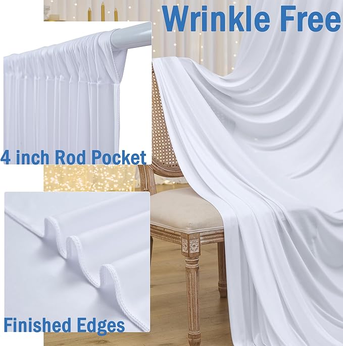 50ftx10ft Wrinkle Free White Backdrop Curtain for Party Background, 10 Panels Silky Polyester Photo Backdrop Drapes Back Drop Cloth for Wedding Birthday Photography Baby Shower Photoshoot Decor