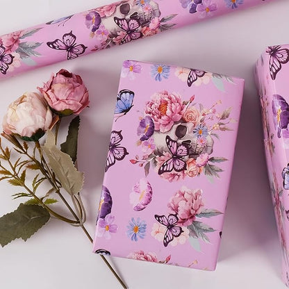 Aimyoo Gothic Wrapping Paper Roll, 17 Inch X 16.5 Feet Skull Floral Butterfly Design Gift Wrap Paper for Mother's Day, Birthday Bridal Shower