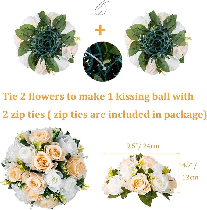 Flower Balls Wedding Rose Centerpieces: 6 Pcs Fake Flowers with Base Kissing Balls Decor Champagne &White Artificial Floral Arrangements Flower Bouquet of Roses Home Party Table DIY Decorations