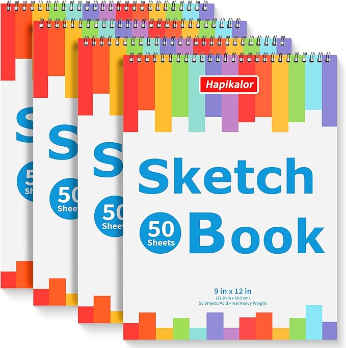 9" x 12" Sketch Book, 4-Pack 50 Sheets Spiral Bound Art Sketchbook, Acid Free Artist Drawing Paper Pad for Kids Adults, Party Art Supplies, Ideal Gifts for 8 9 10 11 12 13 14 Year Old Girl
