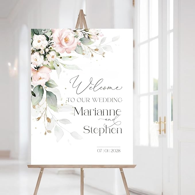 Personalized Wedding Welcome Sign, Blush Pink Floral Wedding Sign Signage 12" X 18" (Small), 27" (Medium), 36" (Large), Plastic, Modern, Pole Mount, Weather