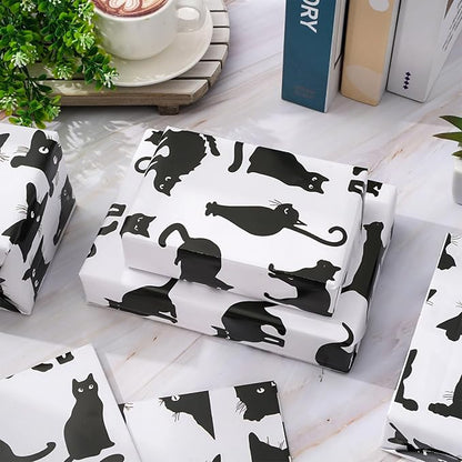 JarThenaAMCS 8 Sheets Cat Wrapping Paper - Not Roll - Cartoon Black Cat Gift Wrap Paper Folded Flat Decorative DIY Craft Art Paper for Halloween Birthday Holiday Party Supplies
