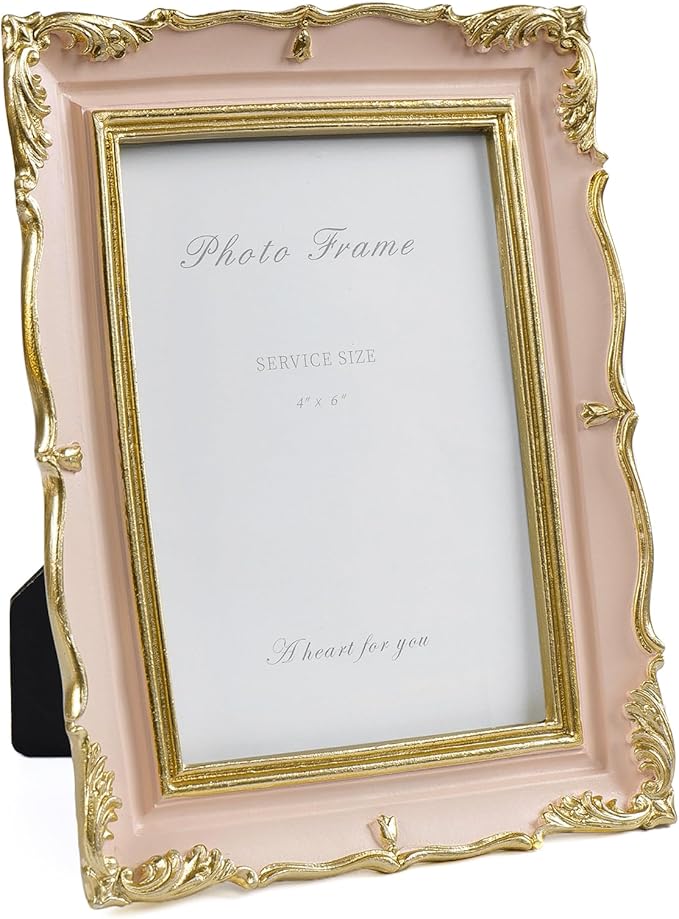 Cuspin 4x6 Vintage Picture Frame Pink and Gold Photo Frame, 4 by 6 Picture Frames Ornate Textured Hand-Crafted Resin with Glass Front for Tabletop Display, Retro Design Home Decor
