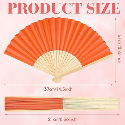 12 Pieces Orange Hand Held Bamboo Folding Fans Paper Fans Handheld for Women Foldable Girls Wedding DIY Decoration Church Home Party Favors Summer
