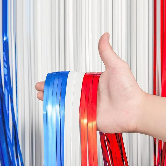 2 Pack Red White and Blue Tinsel Foil Fringe Curtains, 4th of July Decorations, Metallic Tinsel Party Streamers Backdrop for Patriotic, Memorial Day, Independence Day Party Decorations