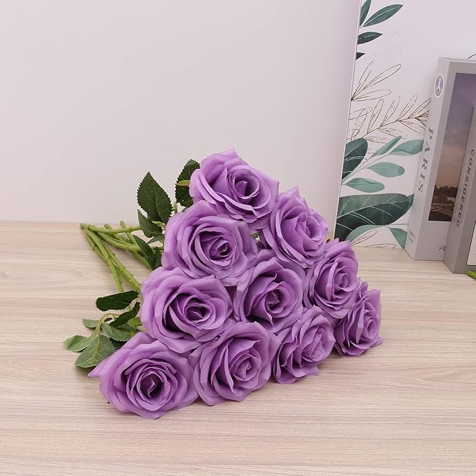 Artificial Rose 10pcs Open Flower Bouquet Faux Rose Stems for Wedding Arrangement, Bridal Bouquet, Centerpiece, Fake Faux Silk Flowers (Lilac)