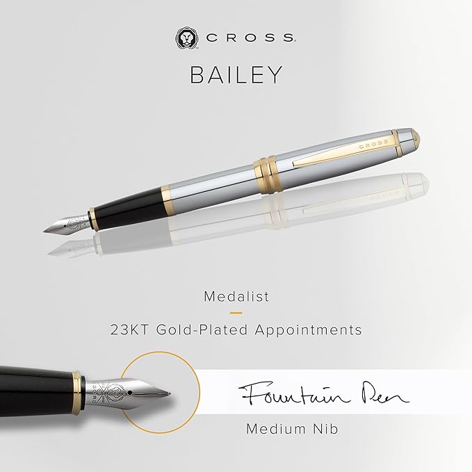 Cross Bailey Refillable Fountain Presented in a Premium Gift Box - Medium Point, Black Ink, Medalist