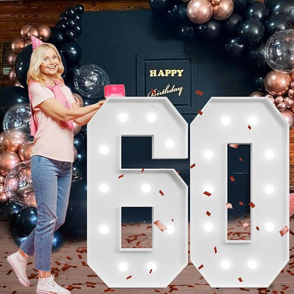 Marquee Numbers Large 60th-Birthday Decorations: 4ft Light Up Number Party Decor 60 Year Old Women And Men Birthday Decoration Backdrop Anniversary Cardboard Big Mosaic Balloon Frame Number 60
