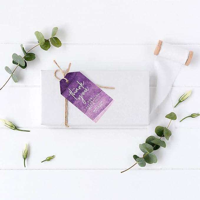 Andaz Press 100-Pack Personalized Thank You for Celebrating with Us Wedding Favor Tags with Bakers Twine Purple Ombre Watercolor Custom Cardstock Wedding Gift Tags for Party Favors 2 x 3.75-Inches