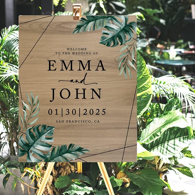 Andaz Press Large Wooden Welcome Sign for Wedding, Rustic Welcome Sign 16" x 20" Custom Names Tropical Monstera Palm Wedding Signage English Oak MDF Wood Finish Wedding Reception Indoor Outdoor Signs
