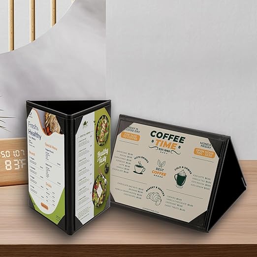 Menu Covers - Set of 10 Double-Sided Table Tent Cards for Restaurant, Dinner Party, and Bar Menus - Includes Bill Holder and Reserved Seating Signs - Easy to Clean and Foldable (20, 4"x6"Trifold)