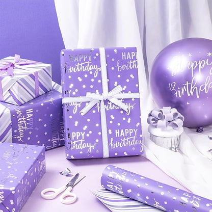 LeZakaa Purple Birthday Wrapping Paper Roll for Girls Women, Happy Birthday Lettering & Stripe Reversible, Metallic Foil, Large Roll, 30 inches x 32.8 Feet (92.9 sq.ft.)