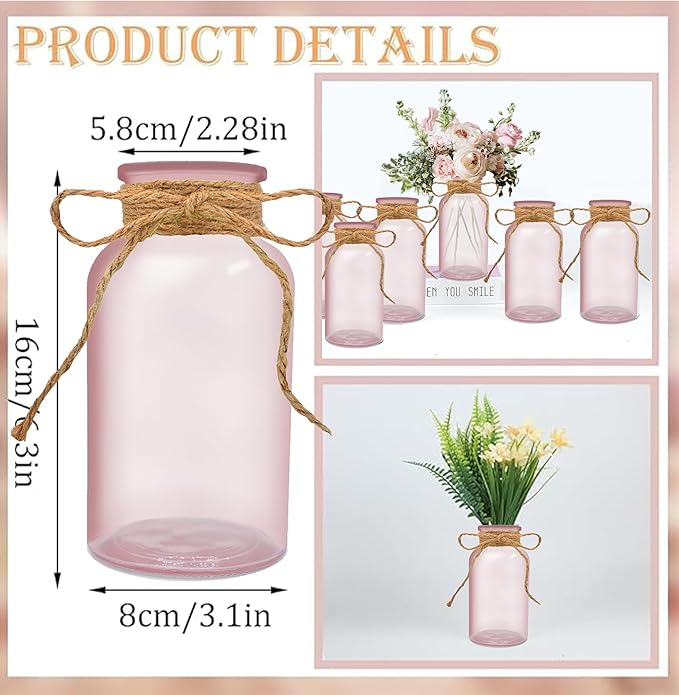 Vintage Glass Flower Vase，6 Pack Pink Farmhouse Glass Centerpiece Vases Mason Jars for Weddings, Parties & Home Decor Bulk (6, Pink)