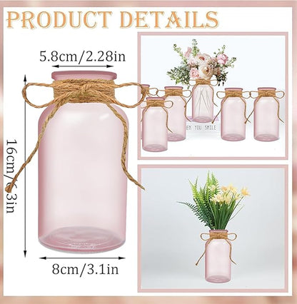 Vintage Glass Flower Vase，6 Pack Pink Farmhouse Glass Centerpiece Vases Mason Jars for Weddings, Parties & Home Decor Bulk (6, Pink)