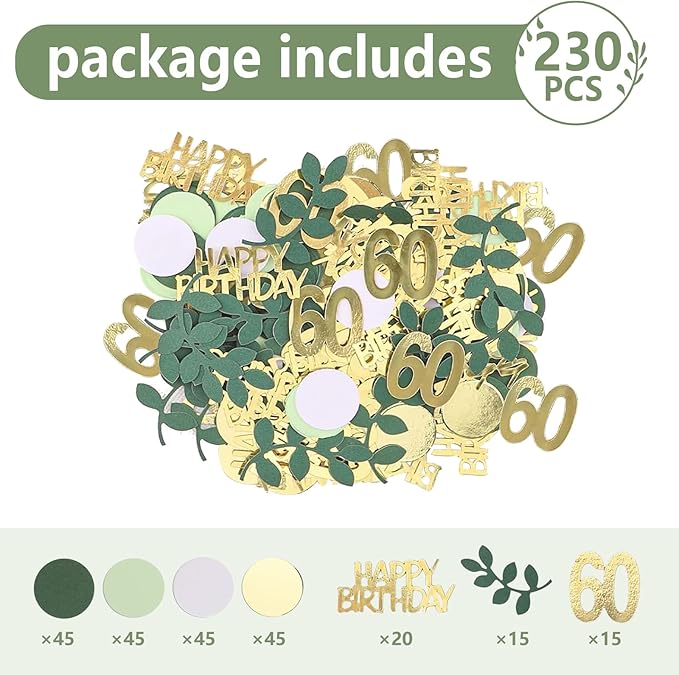 Sage Green 60th Happy Birthday Confetti, 60th Birthday Table Decorations Scatter Green Gold Foil Cake Confetti Decorations for 60 Bday Woman Men Party Decor 230 Pcs