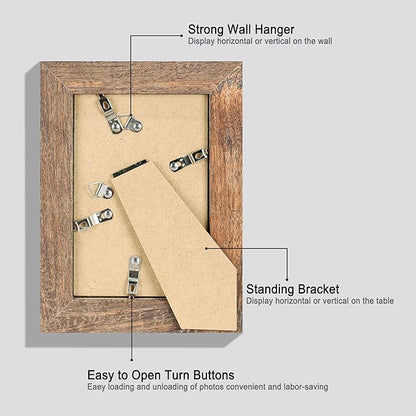 4x6 Picture Frame Set of 4, High Definition Real Glass Rustic Brown Frame, 4 x 6 Wood Photo Frames for Tabletop Display and Wall Mounting