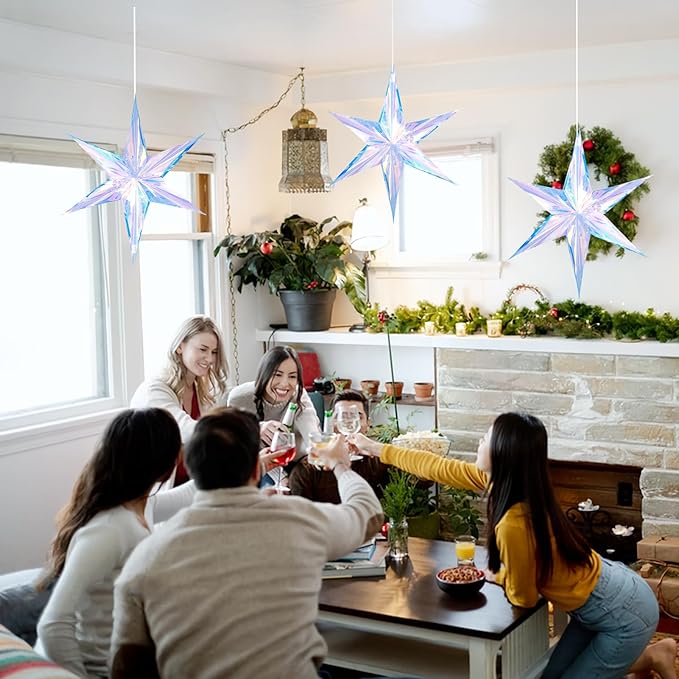 Dazzling Colorful Hexagonal Star Decoration Hanging Decorative Folding Rainbow Shine Party Ornaments for Christmas Tree Winter Party Birthday Wedding Frozen Theme Decoration