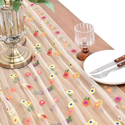 Joanlody 3pcs Champagne Embroidery Daisy Fall ThanksgivingTable Runner 10ft Florals Seasonal Tulle Table Runner Holiday Kitchen Dining Table Decoration for Home Party Indoor