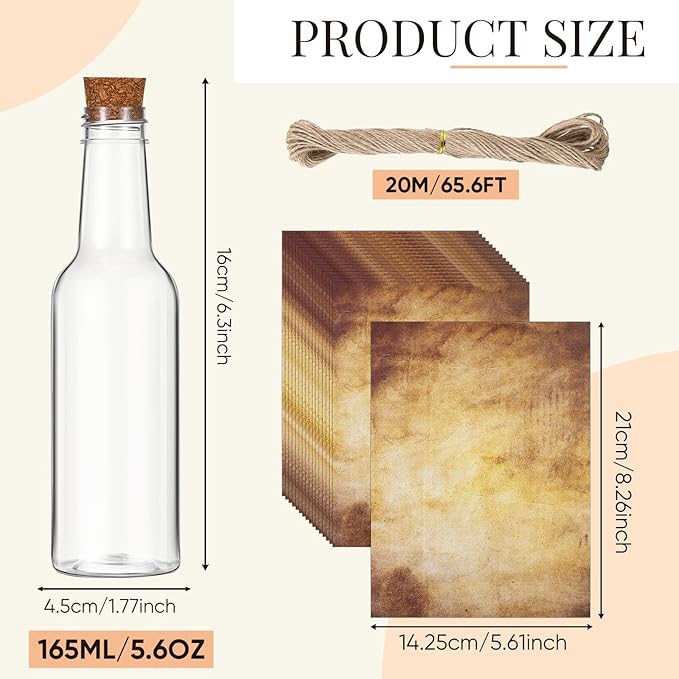 Baderke 48 Pcs 5.6 oz Message Bottles with Letter Printer Paper Plastic Bottles & Corks Twines for Message Invitations Birthday Wedding Baby Shower DIY Crafts Gift Party Favors (Vintage)