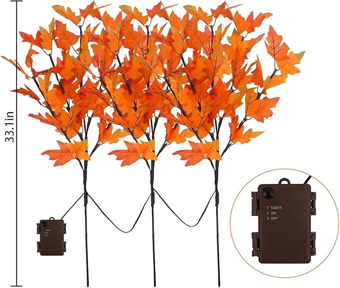 3Pcs 30”Lighted Maple Leaves Branches Stems with Timer Battery Operated 60 LEDs Fall Artificial Maple Branches with Lights for Vases Autumn Home Thanksgiving Halloween Christmas Decoration